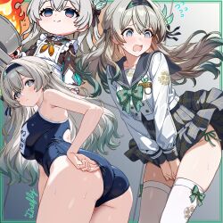  1girl adjusting_clothes adjusting_swimsuit alternate_costume apron armpit_crease ass black_hairband blush bow breasts bug closed_mouth collarbone embarrassed fire firefly firefly_(honkai:_star_rail) firefly_(spring_missive)_(honkai:_star_rail) frilled_apron frills green_bow grey_hair grey_skirt hair_between_eyes hair_ornament hairband hand_on_own_crotch highres honkai:_star_rail honkai_(series) insect large_breasts long_hair long_sleeves looking_back neckerchief official_alternate_costume one-piece_swimsuit open_mouth orange_neckerchief pink_eyes school_swimsuit school_uniform skirt smile sweat swimsuit thighhighs tokinin4 white_apron white_thighhighs 