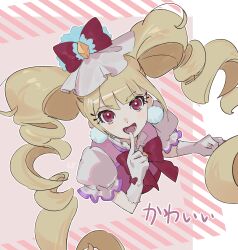  1girl absurdres aisaki_emiru blonde_hair boots border bow bowtie brown_boots clenched_hand cropped_torso cure_macherie diamond_brooch dot_nose dress drill_hair earrings finger_to_mouth frilled_bow frilled_dress frilled_headwear frilled_sleeves frills fur_hat gloves happy hat hat_bow highres hugtto!_precure jewelry large_earrings long_hair looking_at_viewer lower_teeth_only magical_girl makeup mascara mini_hat open_mouth outline outside_border pink_dress pom_pom_(clothes) pom_pom_earrings precure puffy_short_sleeves puffy_sleeves red_bow red_bowtie red_eyes shipu_(gassyumaron) short_sleeves smile solo tareme teeth translation_request twin_drills twintails very_long_hair white_border white_gloves white_hat white_outline white_sleeves wrist_bow yellow_brooch 