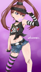  1girl amano_nene_(digimon_xros_wars) arm_up armpits artist_name asymmetrical_gloves bandaid bandaid_on_knee bandaid_on_leg bare_shoulders belt belt_buckle black_belt black_gloves black_hat black_tank_top blowing_bubble_gum blowing_bubbles blue_shorts blush breasts brown_hair buckle chain chewing_gum chicago-x commentary_request crop_top denim denim_shorts digimon digimon_xros_wars elbow_gloves female_focus fingerless_gloves gloves hair_between_eyes hand_on_headwear hat high_ponytail highres long_hair looking_at_viewer midriff navel official_alternate_costume ponytail purple_eyes short_shorts shorts signature single_elbow_glove single_thighhigh skullknightmon small_breasts solo split_ponytail striped_clothes striped_thighhighs tank_top thighhighs torn_clothes torn_shorts uneven_gloves visor_cap  rating:Sensitive score:56 user:danbooru