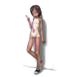  10646 1girl all_the_way_through bikini blush brown_eyes brown_hair dildo double_dildo female_focus female_masturbation flat_chest impaled loli looking_at_viewer masturbation navel navel_insertion nipples no_socks nude object_insertion see-through_clothes sex_toy shoes simple_background solo swimsuit tan tanline white_background 