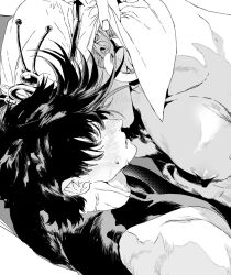  2boys adam&#039;s_apple bare_shoulders battle_tendency blush commentary_request covered_eyes earrings fingernails hair_over_eyes hand_on_another&#039;s_head highres jewelry jojo_no_kimyou_na_bouken joseph_joestar joseph_joestar_(young) male_focus mgong520 multiple_boys nipples parted_lips pectorals piercing profile shirt sleeveless sleeveless_shirt sweat topless_male turban upper_body veins wamuu yaoi 