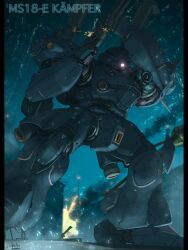  bazooka_(gundam) bottoms1237 casing_ejection character_name colony_interior commentary_request embers fire glowing glowing_eye gun gundam gundam_0080 highres holding holding_gun holding_weapon kampfer_(mobile_suit) mecha mecha_focus mobile_suit motion_blur no_humans one-eyed pillarboxed purple_eyes robot science_fiction shell_casing shotgun shotgun_shell shoulder_spikes signature smoke solo spikes standing sturm_faust thrusters weapon zeon 