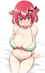  1girl :o absurdres arm_support bare_arms bare_shoulders bat_hair_ornament bed_sheet bikini blurry blush breasts cleavage collarbone depth_of_field fang female_focus gabriel_dropout greatmosu green_bikini hair_between_eyes hair_ornament hair_rings highres huge_breasts large_breasts looking_at_viewer navel nose_blush open_mouth perspective purple_eyes red_hair satanichia_kurumizawa_mcdowell short_hair side-tie_bikini_bottom sidelocks sitting skin_fang skindentation solo stomach striped_bikini striped_clothes swimsuit thighs white_background  rating:Sensitive score:166 user:danbooru
