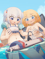  2girls absurdres bikini blonde_hair blue_eyes blue_hair breasts commentary english_commentary fins fish_tail frilled_bikini frills gawr_gura hair_ornament highres hololive hololive_english imminent_death inflatable_armbands innertube medium_breasts multicolored_hair multiple_girls nanachides navel shark_girl shark_hair_ornament shark_tail short_hair slippers small_breasts streaked_hair swim_ring swimsuit tail topless_female two_side_up virtual_youtuber watson_amelia white_hair you&#039;re_doing_it_wrong  rating:Questionable score:2 user:danbooru