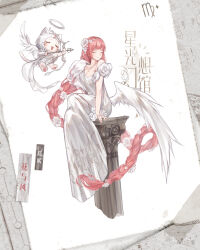  1girl absurdly_long_hair absurdres ahoge angel_wings animal arrow_(projectile) artist_name blunt_bangs bow_(weapon) braid breasts cat chinese_commentary chinese_text cleavage cloak closed_eyes closed_mouth clothed_animal collarbone commentary_request cupid daisy_(flower) drawing_bow dress ear_ornament eyelashes feathered_wings flower full_body hair_flower hair_ornament halo happy highres holding holding_arrow holding_bow_(weapon) holding_weapon hood hood_up hooded_cloak light_blush long_dress long_hair momo_(nikki) nikki_(nikki) nikki_(series) open_mouth pawpads pillar pink_hair raised_inner_eyebrows shining_nikki single_braid single_wing sitting smile stars_zhangzhang tape traditional_halo translation_request very_long_hair virgo_(symbol) virgo_(zodiac) watermark weapon whiskers white_background white_cat white_cloak white_dress white_flower white_halo white_wings wings zodiac 