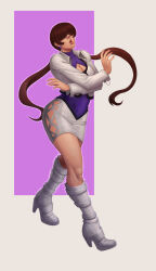  1girl ass boots breast_press breasts cleavage cleavage_cutout clothing_cutout curvy dress earrings female_focus fishnets funeralwind hands_on_own_chest heart heel_up huge_ass huge_breasts jacket jewelry large_breasts long_hair pale_skin ponytail red_hair shermie_(kof) skirt standing the_king_of_fighters thick_lips thick_thighs thighs twintails wide_hips 