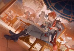  +_+ 1girl 2boys aether_(genshin_impact) ahoge architecture armor black_boots black_gloves black_scarf blonde_hair blue_eyes blue_gemstone blush_stickers boots braid brick_wall brown_eyes brown_pants brown_shirt building cafe cape chair closed_eyes crossed_legs crystal_earrings crystal_hair_ornament cup day dokaco_(bb_bg0) earrings floor flower flying food gem genshin_impact gloves grey_boots grey_hair grey_jacket grey_pants hair_between_eyes hair_ornament halo hand_on_own_face hand_up hands_on_own_face highres holding holding_cup jacket jewelry kettle lamp long_hair long_sleeves looking_at_another looking_at_food looking_down mask mask_on_head mechanical_halo multiple_boys on_chair open_mouth orange_hair outdoors paimon_(genshin_impact) pants pastry puffy_long_sleeves puffy_sleeves red_cape red_mask romper scarf shadow shirt short_hair short_sleeves shoulder_armor single_earring sitting sky smile sparkle starry_sky_print steam table tartaglia_(genshin_impact) teeth thigh_strap umbrella vision_(genshin_impact) white_boots white_flower white_romper white_scarf white_sky window 
