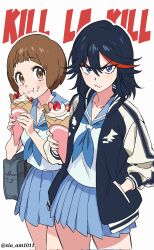  2girls annoyed black_hair blue_eyes blue_skirt bob_cut brown_hair copyright_name food fruit highres ice_cream jacket kill_la_kill looking_at_viewer mankanshoku_mako matoi_ryuuko medium_hair multicolored_hair multiple_girls pleated_skirt sailor simple_background sisi_am1011 skirt strawberry streaked_hair sukajan twitter_username upper_body white_background 