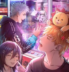  1girl 3boys anger_vein arcade asya_(krizless) black_hair black_nails black_shirt bleach character_doll character_hair_ornament character_request collarbone commentary cowlick crane_game doll earrings english_commentary fang fingerless_gloves gloves grimmjow_jaegerjaquez hair_ornament hairclip highres hood hoodie indoors jewelry kon_(bleach) kuchiki_rukia kurosaki_ichigo medium_hair middle_finger multiple_boys object_on_head one_eye_closed open_mouth orange_hair parted_lips pink_gloves print_hoodie purple_eyes shirt short_hair smile stuffed_toy t-shirt white_hair 