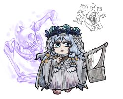  1girl blue_cape blue_eyes blue_hair braid cape chibi colored_eyelashes cracked_skin doll_joints dress elden_ring elden_ring_nightreign flower_wreath head_wreath holding holding_instrument holding_lyre instrument jewelry joints low_twin_braids lyre pikminpreggedup revenant_(elden_ring) royal_revenant_(elden_ring) skeleton spirit twin_braids veil white_background white_dress white_eyelashes white_veil wide_sleeves 