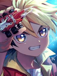  1boy amanogawa_ryuusei artist_name blonde_hair brown_hair child collared_jacket commentary_request dated eye_reflection grin hand_up hercules_beetle highres holding holding_toy jacket jinzou_konchuu_kabutoborg_vxv kuroda_(kuro_yyy) looking_at_viewer male_focus open_clothes open_jacket portrait red_jacket reflection shirt shooting_star short_hair signature smile solo tomcat_red_beetle_(kabutoborg) toy toy_car white_shirt wristband 