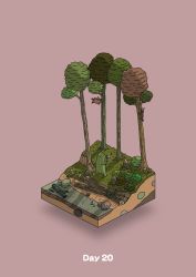 animal axe boulder bush chopping commentary_request diorama gozz highres holding holding_axe isometric log original pink_background river tree rating:General score:0 user:danbooru