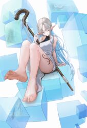  1girl absurdres anizi bare_legs bare_shoulders barefoot blue_eyes blue_hair blunt_bangs braid breasts bridal_gauntlets character_request closed_mouth collarbone colored_inner_hair copyright_request cube feet foot_focus foreshortening full_body grey_hair hand_up highres holding holding_staff knees_together_feet_apart knees_up leg_tattoo legs long_hair medium_breasts multicolored_hair one_eye_closed parted_bangs pointy_ears sidelocks sitting soles solo staff tattoo toenails toes very_long_hair 