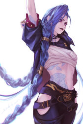  1girl absurdres arcane:_league_of_legends arm_behind_head arm_tattoo arm_up belt biting_own_lip black_belt black_lips black_pants blue_hair blue_nails braid breasts chest_sarashi chinese_commentary claw_ring closed_mouth cloud_tattoo commentary_request cowboy_shot dated freckles heibai_bangbing highres hip_vent jacket jinx_(league_of_legends) league_of_legends long_hair navel open_clothes open_jacket pants pink_eyes purple_jacket purple_nails sarashi short_sleeves signature simple_background solo standing stomach stomach_tattoo stretching tattoo twin_braids twintails very_long_hair white_background 