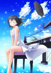  1girl black_hair black_umbrella blue_sky blush breasts chair closed_eyes cloud cloudy_sky collarbone commentary_request dress gradient_hair green_hair grin highres instrument love_live! love_live!_nijigasaki_high_school_idol_club medium_breasts medium_hair multicolored_hair piano qy73 reflection sitting sky smile solo takasaki_yu umbrella water white_dress wind  rating:General score:12 user:danbooru
