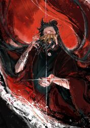  1boy absurdres bandaged_arm bandages black_hair black_hanfu blood blood_on_arm blood_on_hands bloody_bandages chinese_clothes chinese_commentary coat coin coin_mask coin_on_string covered_mouth creature dao_gui_yi_xian eyeball faux_traditional_media floating_clothes floating_hair hair_bun hair_ornament hair_stick half_updo hands_up hanfu highres holed_coin ink_wash_painting li_huowang long_hair long_sleeves looking_at_viewer male_focus mask mouth_hold mouth_veil painterly red_background red_coat red_eyes red_theme robe single_hair_bun slime_(substance) solo sparkle tentacle_in_mouth tentacles upper_body veil very_long_hair wide_sleeves woailidian 