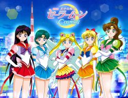  5girls aino_minako anello81 bishoujo_senshi_sailor_moon blonde_hair blue_eyes blue_hair bow brown_hair city crossed_arms green_eyes high_ponytail highres hino_rei kino_makoto long_hair magical_girl miniskirt mizuno_ami multiple_girls ponytail purple_eyes red_bow sailor_jupiter sailor_mars sailor_mercury sailor_moon sailor_venus short_hair short_sleeves skirt super_sailor_jupiter super_sailor_mars super_sailor_mercury super_sailor_moon super_sailor_venus tsukino_usagi very_long_hair  rating:General score:17 user:zombiespacial