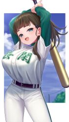  1girl arms_behind_head arms_up baseball baseball_bat baseball_jersey baseball_stadium baseball_uniform belt black_hair blue_eyes breasts fang highres holding holding_baseball_bat huge_breasts jersey large_breasts layered_sleeves light_smile long_sleeves looking_at_viewer metal_baseball_bat mole mole_under_eye open_mouth original short_over_long_sleeves short_sleeves sky solo sportswear striped_belt tented_shirt wotori 