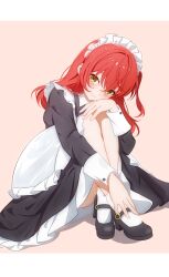  1girl absurdres alternate_costume apron black_dress black_shoes blush bocchi_the_rock! closed_mouth dress enmaided euzh266 frilled_apron frills green_eyes hair_between_eyes highres hugging_own_legs kita_ikuyo knees_to_chest long_hair long_sleeves looking_at_viewer maid maid_apron maid_headdress one_side_up red_hair shoes sitting smile socks solo white_apron white_headdress white_socks 