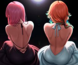  2girls absurdres artist_name back back_focus backless_dress backless_outfit backlighting bare_back bare_shoulders black_background black_dress cross-laced_clothes cross-laced_dress depressrami dress earrings feather_earrings feathers from_behind halterneck highres hololive hololive_english jewelry long_hair median_furrow mori_calliope multicolored_hair multiple_girls orange_hair pink_hair shoulder_blades simple_background takanashi_kiara twitter_username virtual_youtuber white_dress 