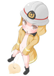 1girl angry black_boots blush boots brown_eyes brown_hair cigarette collarbone fire_helmet firefighter firefighter_jacket flat_chest grey_helmet helmet jacket long_sleeves looking_at_viewer naked_jacket navel open_clothes open_jacket open_mouth original peeing puddle pussy short_hair smoke standing uncensored white_background yellow_jacket youta_(asatsukidou) rating:Explicit score:34 user:cpee