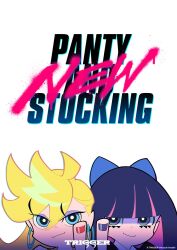  2girls antenna_hair blonde_hair blue_bow blue_eyes blue_nails bow copyright_name earrings hair_bow highres hoop_earrings imaishi_hiroyuki jewelry key_visual looking_at_viewer middle_finger multicolored_hair multiple_girls nail_polish official_art panty_&amp;_stocking_with_garterbelt panty_(psg) promotional_art purple_hair red_nails simple_background smile stocking_(psg) upper_body white_background 