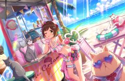  1girl animal_ears ball bandana beach beachball bell bikini bow bracelet breasts brown_hair cat chair cleavage cloud english_text flag food game_cg glasses green_eyes hair_ornament hairclip heart ice_cream ice_cream_cone idolmaster idolmaster_cinderella_girls idolmaster_cinderella_girls_starlight_stage innertube jewelry maekawa_miku navel necklace ocean official_art one_eye_closed palm_tree plant popsicle potted_plant sunlight swim_ring swimsuit table tongue tree wrist_cuffs  rating:General score:3 user:shamga