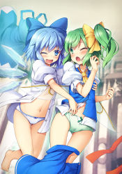 2girls ;d ;o ascot barefoot blue_bow blue_dress blue_eyes blue_hair blue_skirt blush bow bow_panties cameltoe chima_q cirno clothes_pull commentary_request daiyousei dress fairy_wings gluteal_fold grabbing_another&#039;s_breast grabbing_from_behind green_eyes green_hair green_panties groping hair_bow hair_ribbon highres ice ice_wings multiple_girls navel no_pants one_eye_closed open_clothes open_mouth open_shirt panties pinafore_dress puffy_short_sleeves puffy_sleeves ribbon shirt short_hair short_sleeves side_ponytail skirt skirt_pull sleeveless sleeveless_dress smile standing stomach thighs touhou unbuttoned underwear unworn_dress white_panties white_shirt wince wings yellow_ascot yellow_ribbon yuri rating:Questionable score:26 user:danbooru