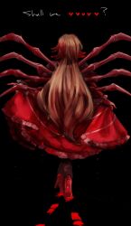  1girl absurdres black_background black_pants blood brown_hair coat dress e.g.o_(project_moon) facing_away full_body high_heels highres limbus_company long_hair long_sleeves pants project_moon red_coat red_dress red_shoes rodion_(project_moon) sanguine_desire_(e.g.o) shoes simple_background skeletal_wings solo standing wings yue_doux 