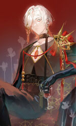  1boy absurdres blue_eyes chensheng375 chest_jewel cup drinking_glass earrings eyeshadow eyeshadow_under_eye fate/grand_order fate_(series) gradient_hair hair_ornament hair_over_one_eye highres holding holding_cup jewelry karna_(fgo_fes._2025)_(fate) looking_at_viewer makeup male_focus medium_hair multicolored_hair multiple_earrings pale_skin red_eyeshadow red_hair sitting solo white_hair wine_glass 