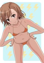  1girl bikini breasts brown_eyes brown_hair cleavage hands_on_own_hips highres leaning_forward legs medium_hair misaka_mikoto navel orange_bikini small_breasts smile solo swimsuit thighs toaru_kagaku_no_railgun toaru_majutsu_no_index 