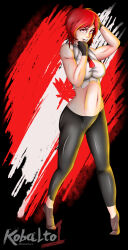 1girl absurdres breasts feet_up formal_clothes gloves highres kobalto1 kobaltoco medium_breasts pale_skin pants red_eyes red_hair shiny_clothes shiny_skin shirt short_hair sleeveless smile standing the_king_of_fighters thighs vanessa_(kof) white_shirt