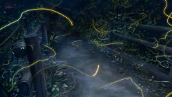  absurdres banishment bug commentary_request dark fence fireflies firefly foliage highres insect night no_humans original outdoors path road scenery signature wooden_fence 