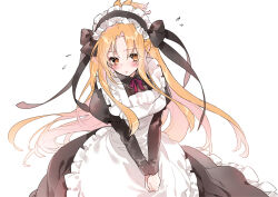  apron asuna_(sao) black_ribbon blush bow highres long_hair long_sleeves looking_at_viewer maid maid_apron maid_headdress neko3 nervous open_mouth orange_eyes red_bow ribbon simple_background sword_art_online white_apron white_background 