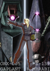  1boy 3d blonde_hair cable character_name commentary_request extra_eyes gaplant gloves gundam hambrabi holding_unworn_helmet kashiwa_(kishiro) machinery mecha mecha_pilot_suit mobile_suit one-eyed pilot realistic robot science_fiction titans_(gundam) yazan_gable zeta_gundam 