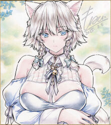  1girl absurdres alternate_costume animal_ear_fluff animal_ears arm_under_breasts bare_shoulders bell bow braid breasts cat_ears cat_girl cat_tail closed_mouth commentary_request dated green_bow grey_hair hair_bow highres izayoi_sakuya kemonomimi_mode large_breasts light_blush long_hair long_sleeves looking_at_viewer monety neck_bell shikishi signature solo tail touhou traditional_media twin_braids 