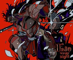  1boy 1girl armlet armor artist_name black_hair black_sclera blonde_hair capelet coat colored_sclera copyright_name dark-skinned_male dark_skin fate/stay_night fate_(series) hair_between_eyes hat heracles_(fate) highres holding illyasviel_von_einzbern ima_mo_nao_kangaechuu jewelry long_hair muscular nameless_axe-sword_(fate) open_mouth purple_capelet purple_coat red_background red_eyes scarf sidelocks smile smoke sparkle_background sword watermark weapon white_scarf 