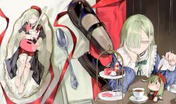  1girl 7-string_guitar :| absurdres bang_dream! bang_dream!_it&#039;s_mygo!!!!! barefoot beret black_capelet black_overskirt black_shoes black_wrist_cuffs blue_dress bow bowtie buttons cake capelet character_doll choker closed_eyes closed_mouth collar colored_eyelashes cup doll_joints dress earrings elbow_on_table elbow_rest facing_to_the_side food frilled_choker frilled_collar frilled_overskirt frills green_bow green_bowtie green_brooch green_hair guitar hair_ornament hair_over_one_eye hairpin half-closed_eyes hand_on_own_cheek hand_on_own_face hands_up hat highres holding holding_guitar holding_instrument hugging_object instrument jewelry joints kkkawa_rin long_hair long_skirt long_sleeves looking_down lying mary_janes mortis_(bang_dream!) mortis_(costume)_(bang_dream!) multiple_views napkin on_back on_plate overskirt parted_bangs plaid_clothes plaid_dress plate pouring pouring_onto_another puffy_long_sleeves puffy_sleeves puppet_strings red_capelet red_hat red_ribbon red_shorts ribbon saucer schecter_guitar see-through_clothes see-through_sleeves shoes shorts skirt spoon table teacup tiered_tray tray unworn_shoes wakaba_mutsumi wakaba_mutsumi_(doll) white_choker white_wrist_cuffs wrist_cuffs yellow_eyes 