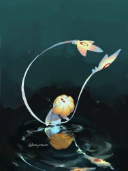  ame_(konyata) arched_back bubble closed_eyes commentary_request full_body gen_4_pokemon highres legendary_pokemon nintendo no_humans pokemon pokemon_(creature) pokemon_focus reflection ripples solo uxie water 