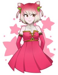  1girl arms_behind_back bare_shoulders blonde_hair borrowed_character breasts brown_eyes closed_mouth cone_hair_bun corset double_bun elbow_gloves frilled_gloves frills gallaxi gloves gradient_hair hair_bun hair_ornament leaf leaf_hair_ornament looking_to_the_side medium_breasts multicolored_hair original outline pink_corset pink_gloves pink_hair pink_outline pink_skirt pleated_skirt short_hair skirt smile solo star_(symbol) teeth transparent_background two_side_up 