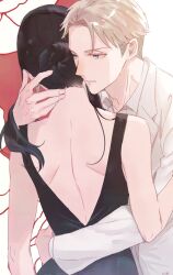  1boy 1girl arm_around_waist back bare_arms black_dress black_hair blonde_hair blood blood_splatter blue_eyes caress collared_shirt dashimakick dress earrings facing_away floating_earrings formal_clothes hair_bun hand_on_another&#039;s_neck husband_and_wife jewelry long_hair looking_to_the_side mature_female mature_male nape parted_lips shirt short_hair shoulder_blades sidelocks spine splatter spy_x_family suit twilight_(spy_x_family) white_background white_shirt white_suit yor_briar 