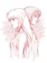  2girls closed_mouth diana_(genocyber) elaine_(genocyber) from_side genocyber long_hair monochrome multiple_girls rakshasa_(artist) siblings simple_background sisters twins white_background 
