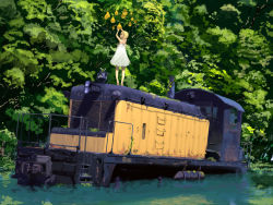  1girl barefoot blonde_hair diesel_locomotive dress female_focus food forest fruit holding holding_food holding_fruit kiriman_(souldeep) locomotive nature original outdoors overgrown pear ruins scenery solo sundress tiptoes train water white_dress  rating:Sensitive score:21 user:danbooru