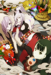  10s 1boy 2girls breasts bug butterfly dual_persona feather_boa fusion-s gloves green_eyes green_hair hair_over_one_eye highres inga bug large_breasts lipstick long_hair looking_up lying makeup multiple_girls panda_hat plant purple_eyes purple_hair sasa_kazamori smoke stuffed_animal stuffed_toy teddy_bear un-go 
