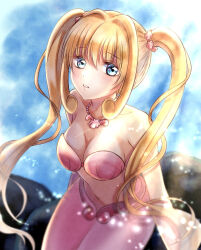  1girl bikini bikini_top_only blonde_hair blue_eyes blush breasts cleavage collarbone fins fish_girl fish_tail highres jewelry kino_xx62 large_breasts mermaid mermaid_melody_pichi_pichi_pitch midriff monster_girl nanami_lucia navel necklace ocean open_mouth parted_lips pink_bikini pink_lips shell shell_bikini sitting solo swimsuit tail twintails  rating:Sensitive score:4 user:danbooru