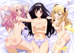 3girls absurdres ass asymmetrical_bangs bed_sheet blonde_hair blush bra breasts butt_crack hairband highres inu_ni_nattara_suki_na_hito_ni_hirowareta inukai_karen iwata_ryuuji large_breasts long_hair looking_at_viewer lying magazine_scan megami_magazine mole mole_under_eye multiple_girls navel nekotani_mike nipples official_art on_back open_mouth panties panty_pull pink_bra pink_hair pink_panties purple_bra purple_panties scan smile thighs topless_female tsukishiro_usagi underwear underwear_only unworn_bra white_hairband yellow_bra yellow_panties rating:Questionable score:125 user:danbooru