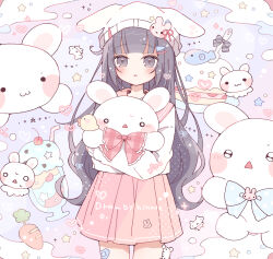  1girl :3 animal animal_hat baby_animal bandaid bandaid_on_leg bird black_eyes black_hair blush blush_stickers bow cake carrot cherry chick commentary_request cowboy_shot fish food fruit hair_ornament hairclip hat hat_with_ears heart heart-shaped_bandaid highres hinase01 holding holding_animal holding_rabbit long_hair long_sleeves looking_at_viewer open_mouth original parfait pink_sailor_collar pink_skirt plaid_bow rabbit rabbit_hat red_bow sailor_collar sailor_shirt school_uniform serafuku shirt skirt solo star_(symbol) strawberry_shortcake sweat triangle_mouth very_long_hair white_hat white_shirt 