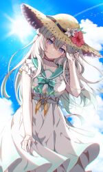  1girl absurdres alternate_costume black_choker blush bow bowtie choker closed_mouth cloud cloudy_sky dress firefly_(honkai:_star_rail) flower frilled_dress frills green_bow green_bowtie green_pupils green_sailor_collar grey_hair hair_between_eyes hair_tubes hand_in_own_hair hat hat_flower highres honkai:_star_rail honkai_(series) isenooose long_hair multicolored_eyes sailor_collar sky smile solo straw_hat sun two-tone_eyes white_dress 