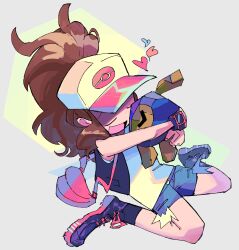  1girl baseball_cap black_boots blue_shorts boots brown_hair closed_eyes commentary denim denim_shorts gen_5_pokemon hat heart hilda_(pokemon) holding holding_pokemon hug long_hair louyse_cosa nintendo open_mouth pink_bag poke_ball_print pokemon pokemon_(creature) pokemon_bw ponytail roggenrola shirt shorts smile white_hat white_shirt 