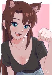  1girl :d animal_ears aqua_eyes breasts cat_ears cleavage collarbone long_hair makinami_mari_illustrious neon_genesis_evangelion open_mouth paw_pose rebuild_of_evangelion shirt short_sleeves smile tsunemoku 